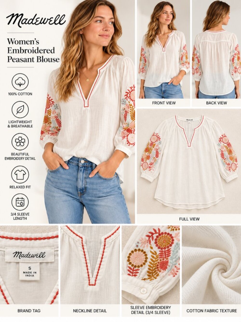 Madewell Embroidered-Sleeve Popover Blouse In Antique Cream